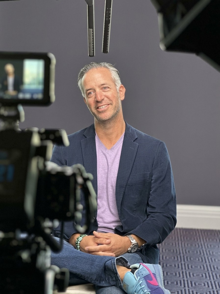 Andrew Hahn being interviewed on a podcast studio set